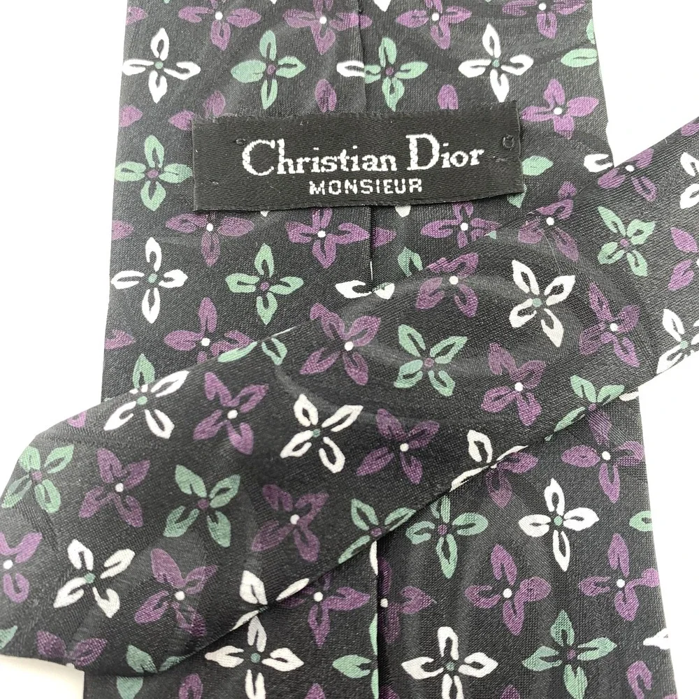 Christian Dior Monsieur Mens Tie Black & Purple Floral Pattern 100% Silk Necktie